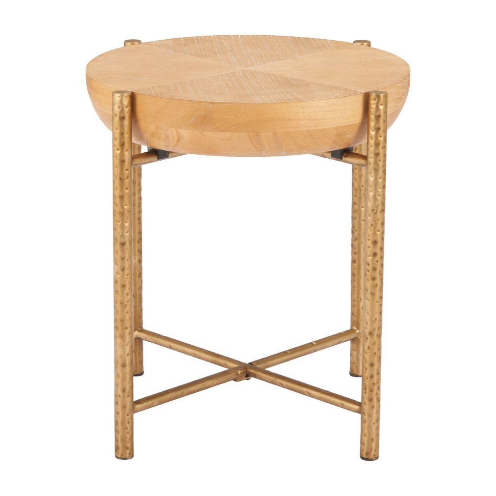 22" Natural and Gold Wood and Stainless Steel Round End Table