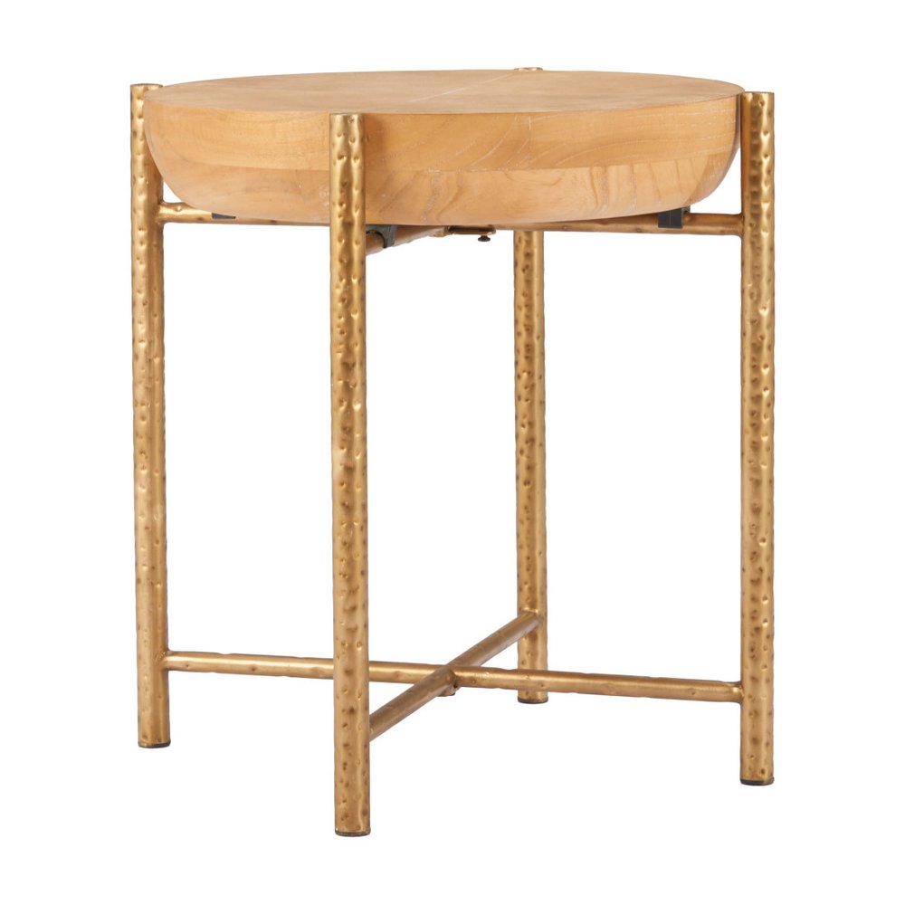 22" Natural and Gold Wood and Stainless Steel Round End Table