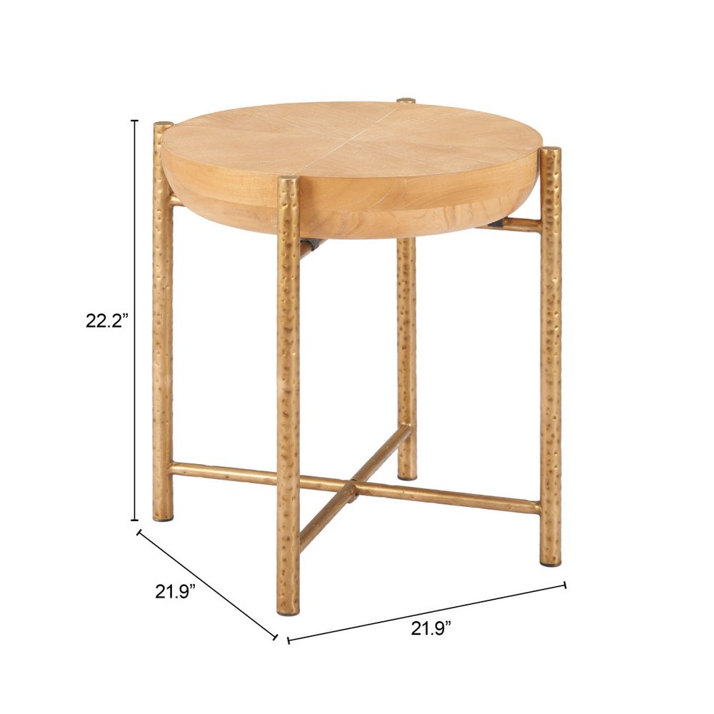 22" Natural and Gold Wood and Stainless Steel Round End Table