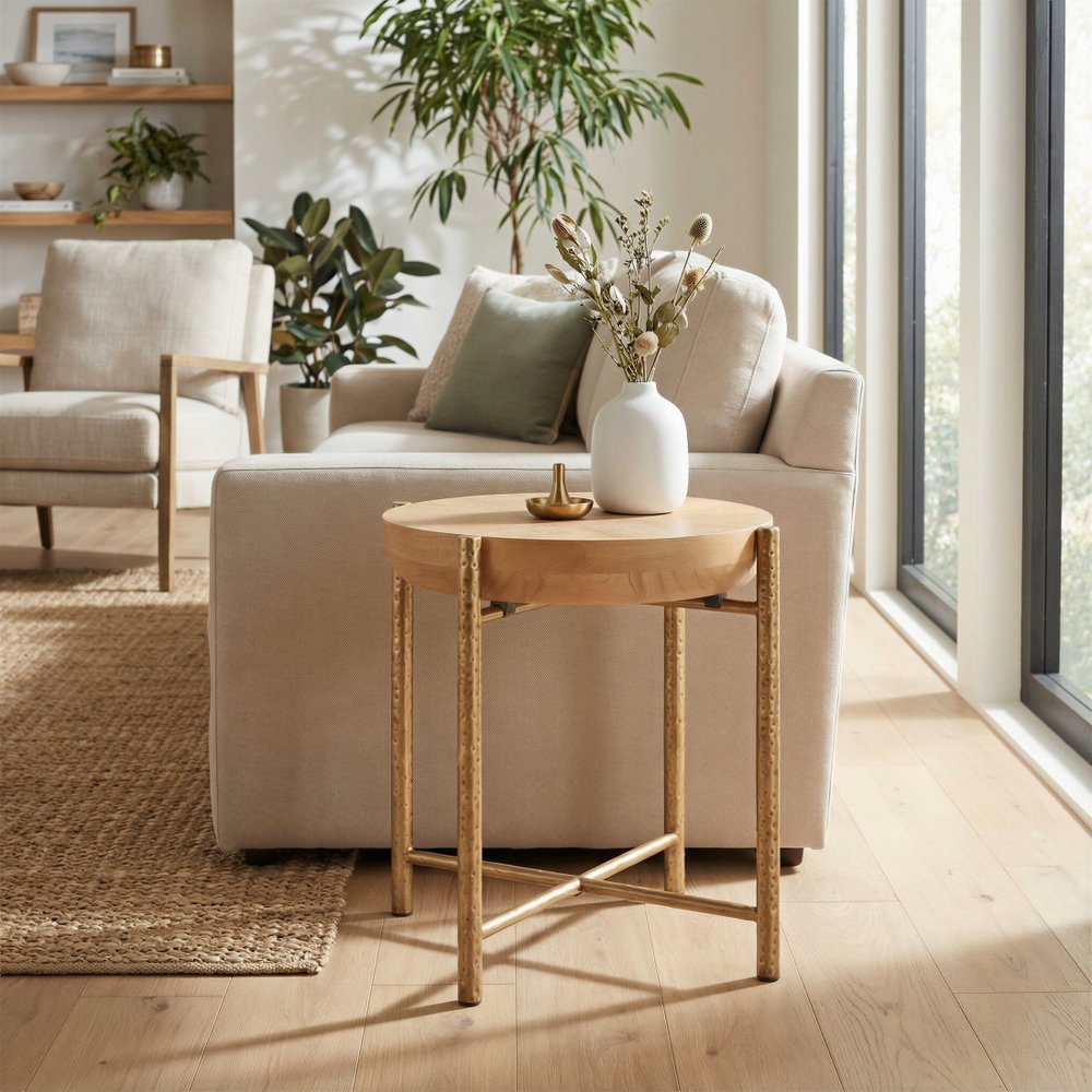 22" Natural and Gold Wood and Stainless Steel Round End Table