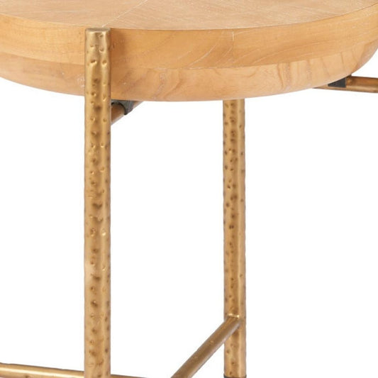 22" Natural and Gold Wood and Stainless Steel Round End Table