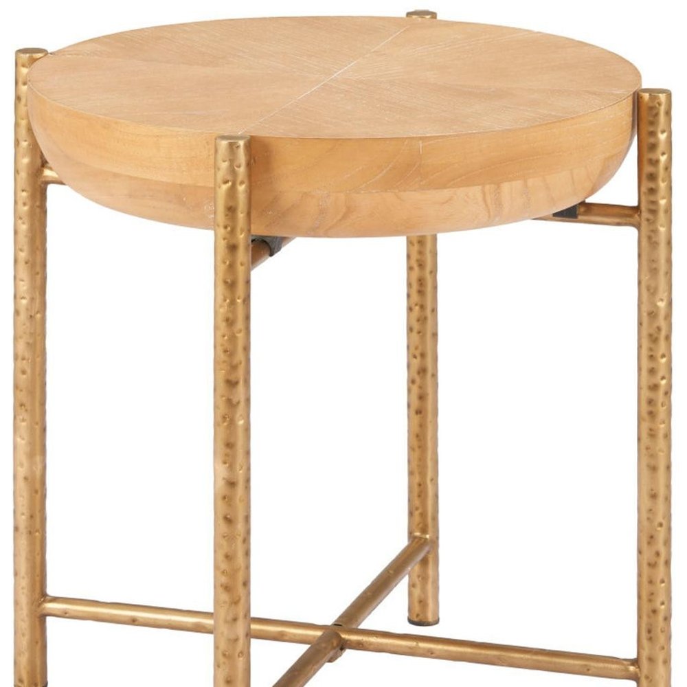 22" Natural and Gold Wood and Stainless Steel Round End Table