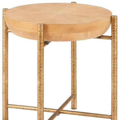 22" Natural and Gold Wood and Stainless Steel Round End Table