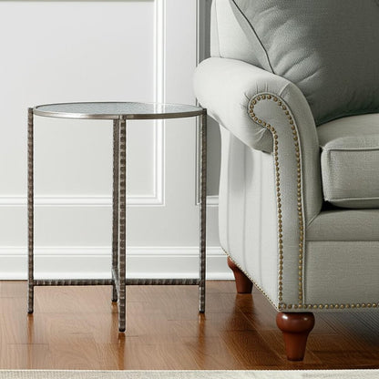 22" Clear and Silver Glass and Distressed Steel Round End Table