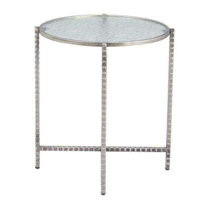 22" Clear and Silver Glass and Distressed Steel Round End Table
