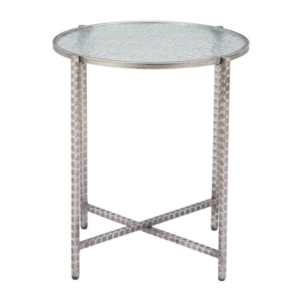 22" Clear and Silver Glass and Distressed Steel Round End Table