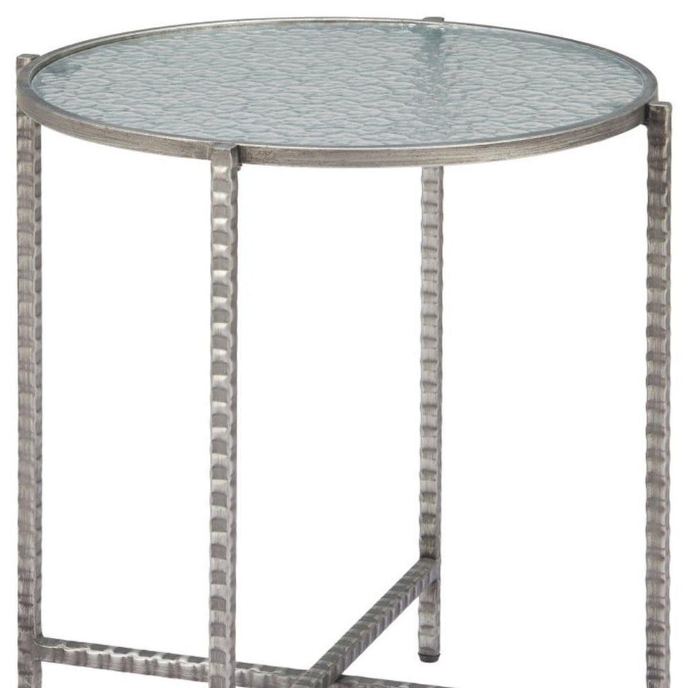 22" Clear and Silver Glass and Distressed Steel Round End Table