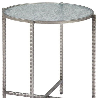 22" Clear and Silver Glass and Distressed Steel Round End Table