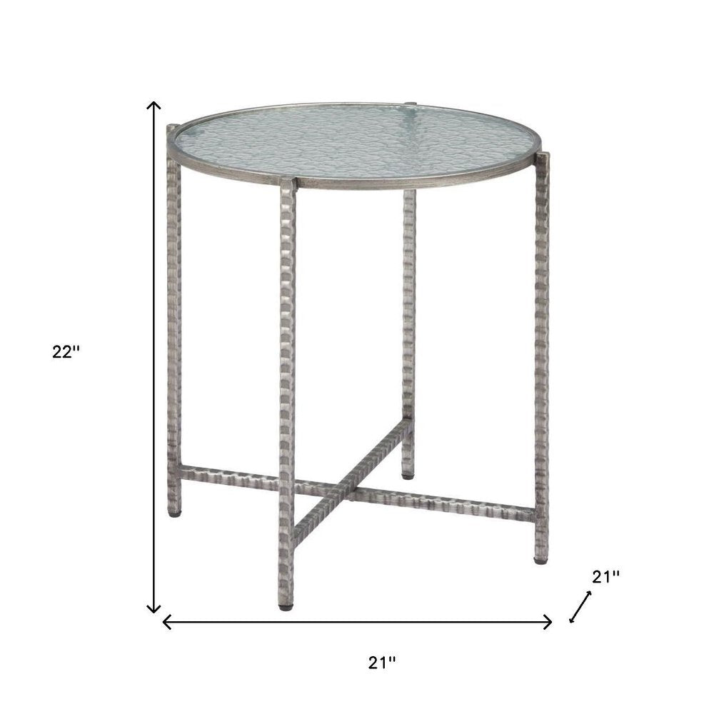 22" Clear and Silver Glass and Distressed Steel Round End Table