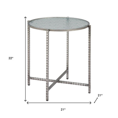 22" Clear and Silver Glass and Distressed Steel Round End Table