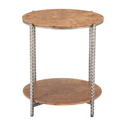 22" Natural and Silver Wood and Steel Round End Table With Shelf