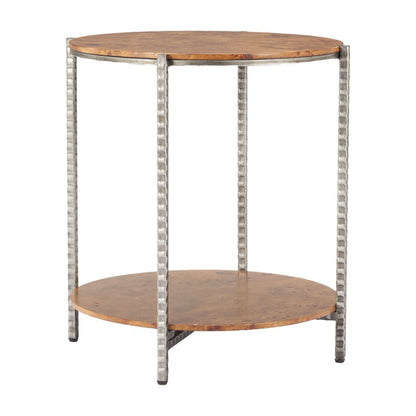 22" Natural and Silver Wood and Steel Round End Table With Shelf
