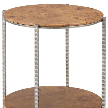 22" Natural and Silver Wood and Steel Round End Table With Shelf