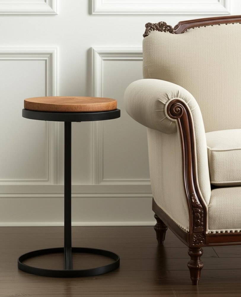 25" Brown and Black Wood and Iron Round Pedestal End Table