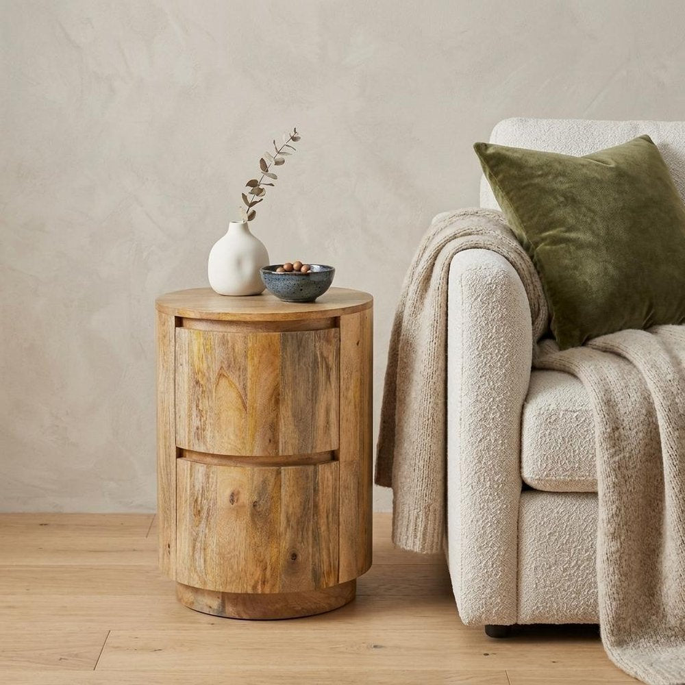 24" Natural Solid Wood Round Drum End Table With Two Drawers