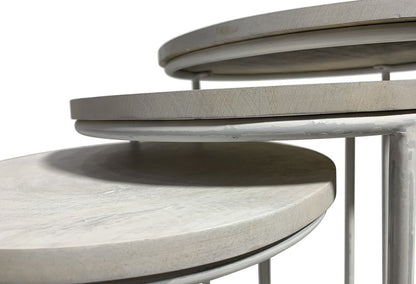 Set of Two White Solid Wood and Metal Round Frame Nested Tables