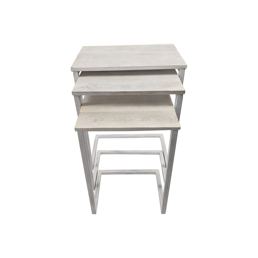 Set of Three Antiqued White Solid Wood and Steel Frame Nested Tables
