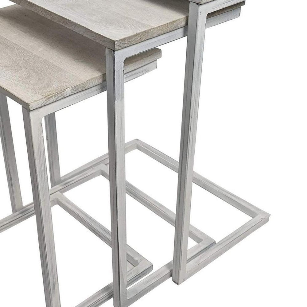 Set of Three Antiqued White Solid Wood and Steel Frame Nested Tables