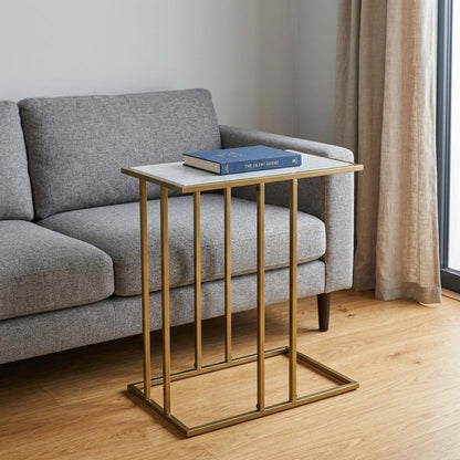 26" White and Antiqued Gold Marble and Iron Frame End Table