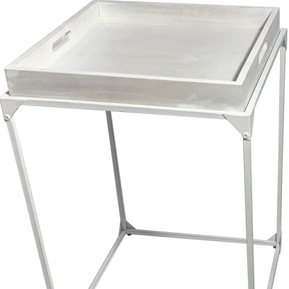 29" White Solid Wood and Iron Square Tray Style End Table