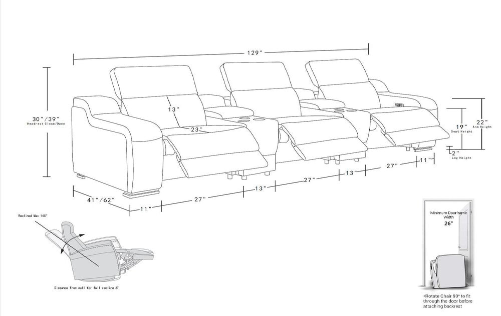 129" Chestnut Italian Leather Reclining USB Sofa