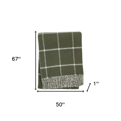 50" X 67" Olive Green And White Cotton Blend Woven Plaid Throw Blanket with Fringe