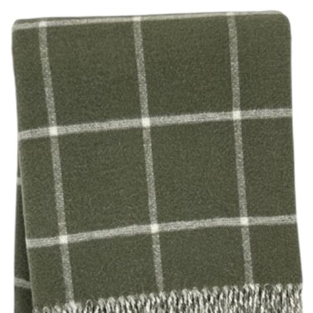50" X 67" Olive Green And White Cotton Blend Woven Plaid Throw Blanket with Fringe