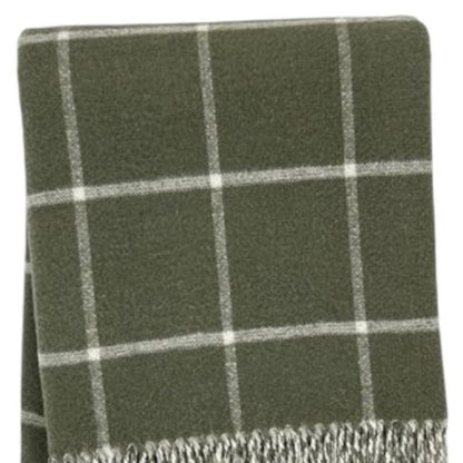 50" X 67" Olive Green And White Cotton Blend Woven Plaid Throw Blanket with Fringe