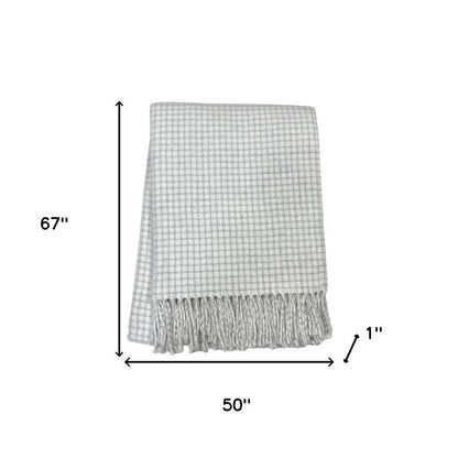 50" X 67" Cream And Light Gray Cotton Blend Woven Plaid Throw Blanket with Fringe