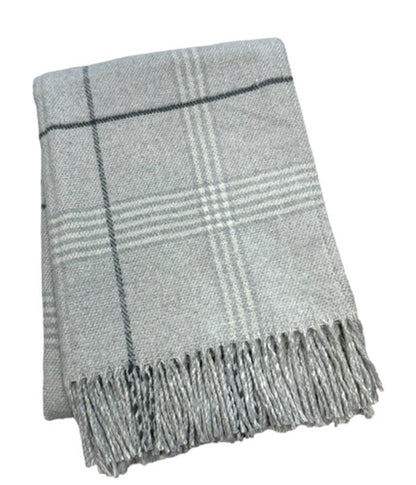 50" X 67" Light Gray And White Cotton Blend Woven Plaid Throw Blanket with Fringe