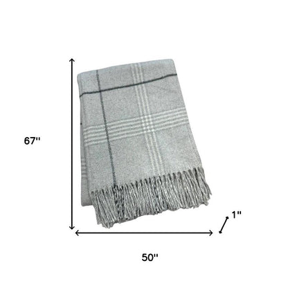 50" X 67" Light Gray And White Cotton Blend Woven Plaid Throw Blanket with Fringe