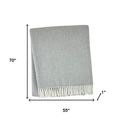 55" X 70" Light Gray And White Herringbone Cotton And Microfiber Woven Throw Blanket with Fringe