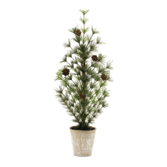 10" Green And Brown Artificial Pine In Round Brown Metal Pot