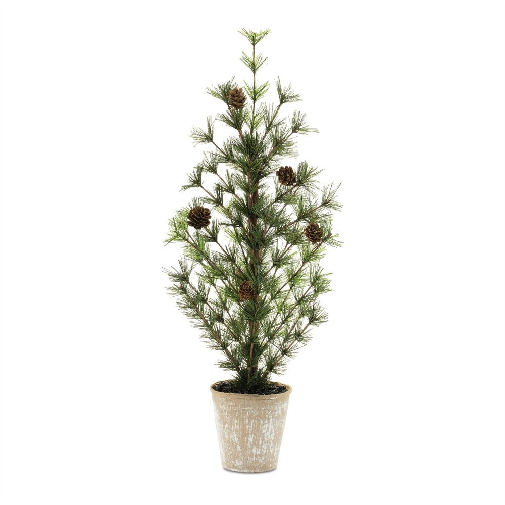 10" Green And Brown Artificial Pine In Round Brown Metal Pot