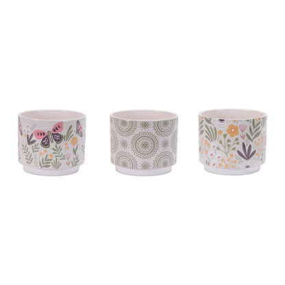 Set of Three Green Pink And White Ceramic 1 Ounce Leaf Round Pot Planters