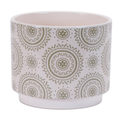 Set of Three Green Pink And White Ceramic 1 Ounce Leaf Round Pot Planters