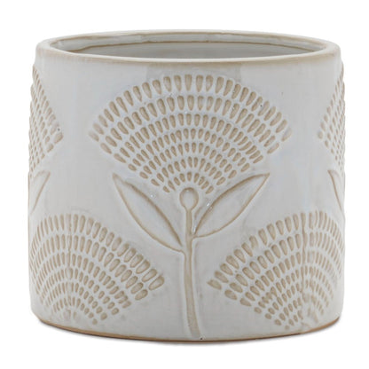 Set of Two White And Beige Porcelain 1 Ounce Leaf Round Pot Planters