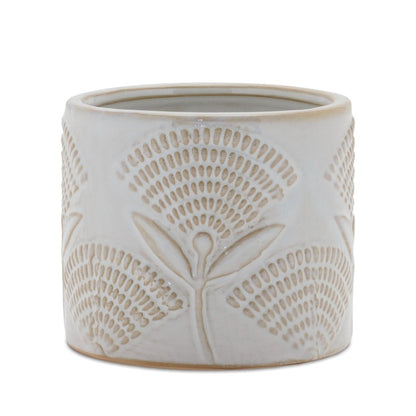Set of Two White And Beige Porcelain 1 Ounce Leaf Round Pot Planters