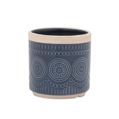 Set of Two Beige And Blue Ceramic 1 Ounce Geometric Round Pot Planters