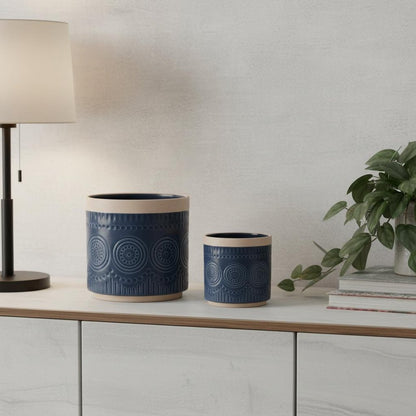 Set of Two Beige And Blue Ceramic 1 Ounce Geometric Round Pot Planters