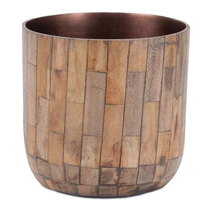 Set of Two Brown Wood 1 Ounce Round Pot Planters