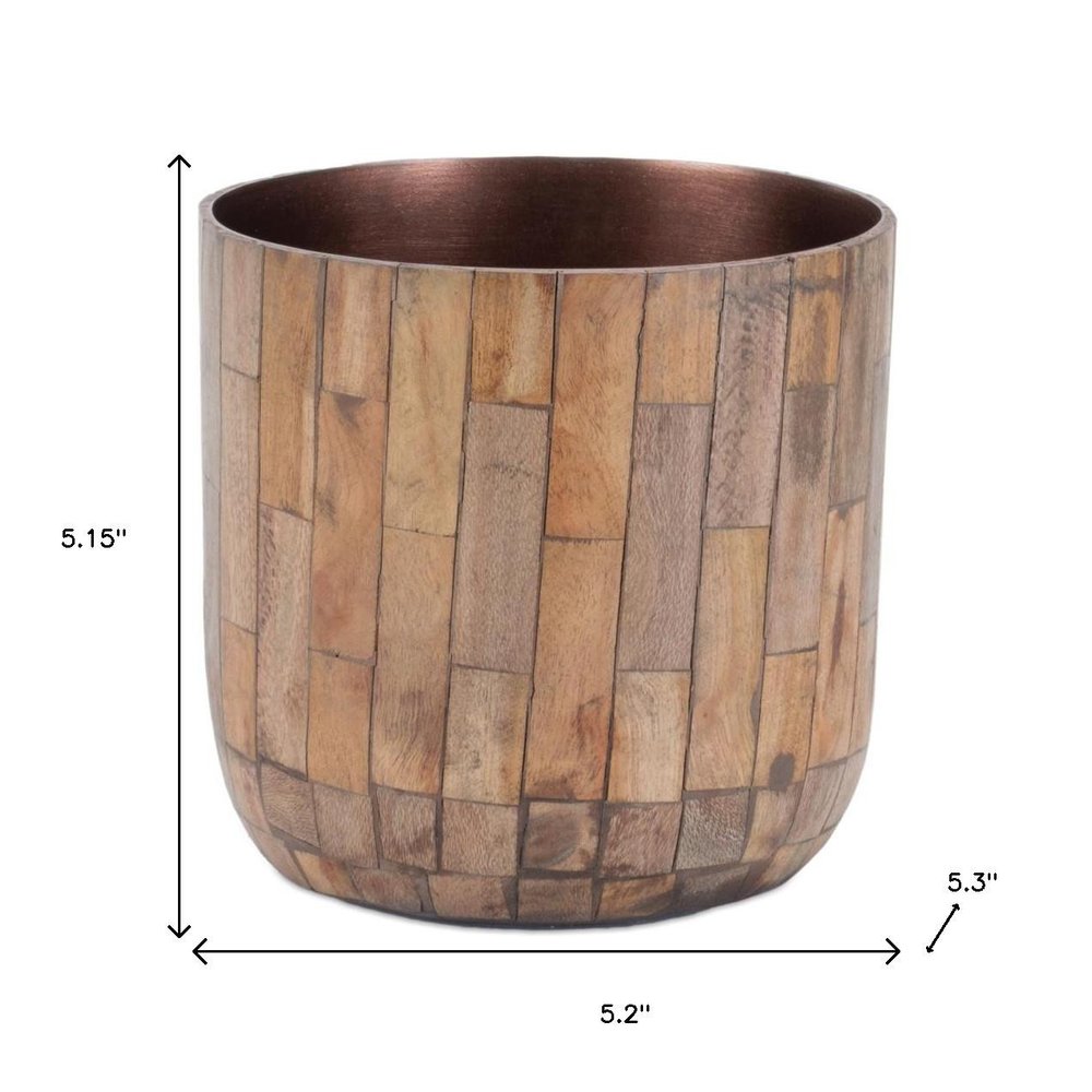 Set of Two Brown Wood 1 Ounce Round Pot Planters