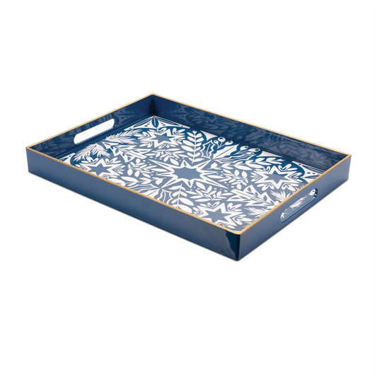 16" Blue And White Geometric Star And Trees Serving Tray With Handles