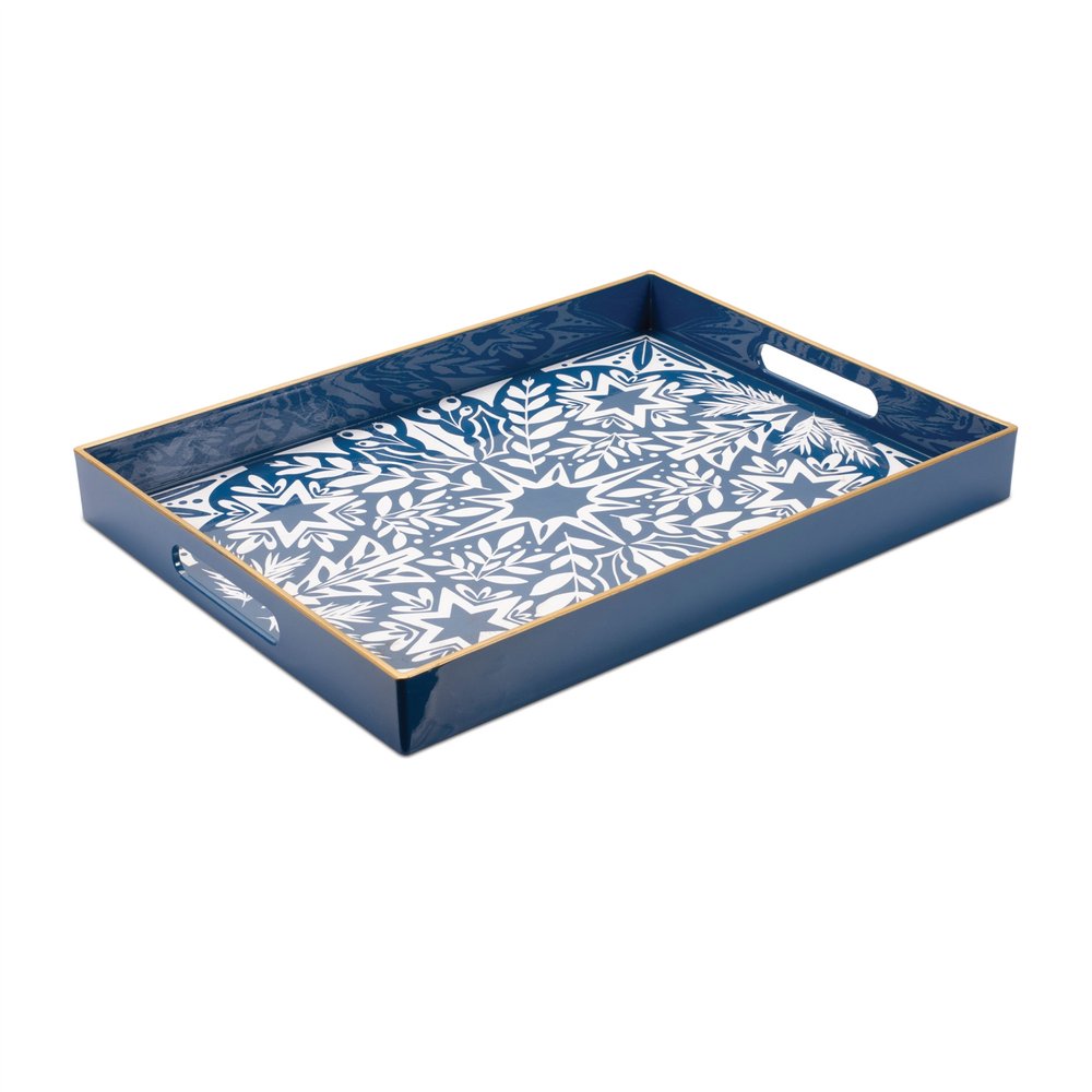 16" Blue And White Geometric Star And Trees Serving Tray With Handles