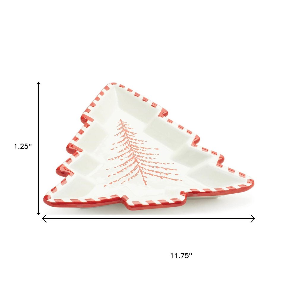 Set of Two Red And White Ceramic Tree Shaped Christmas Serving Trays