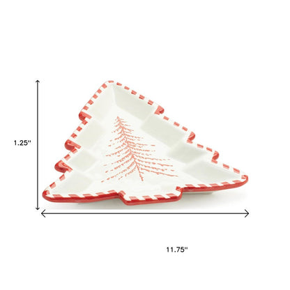 Set of Two Red And White Ceramic Tree Shaped Christmas Serving Trays