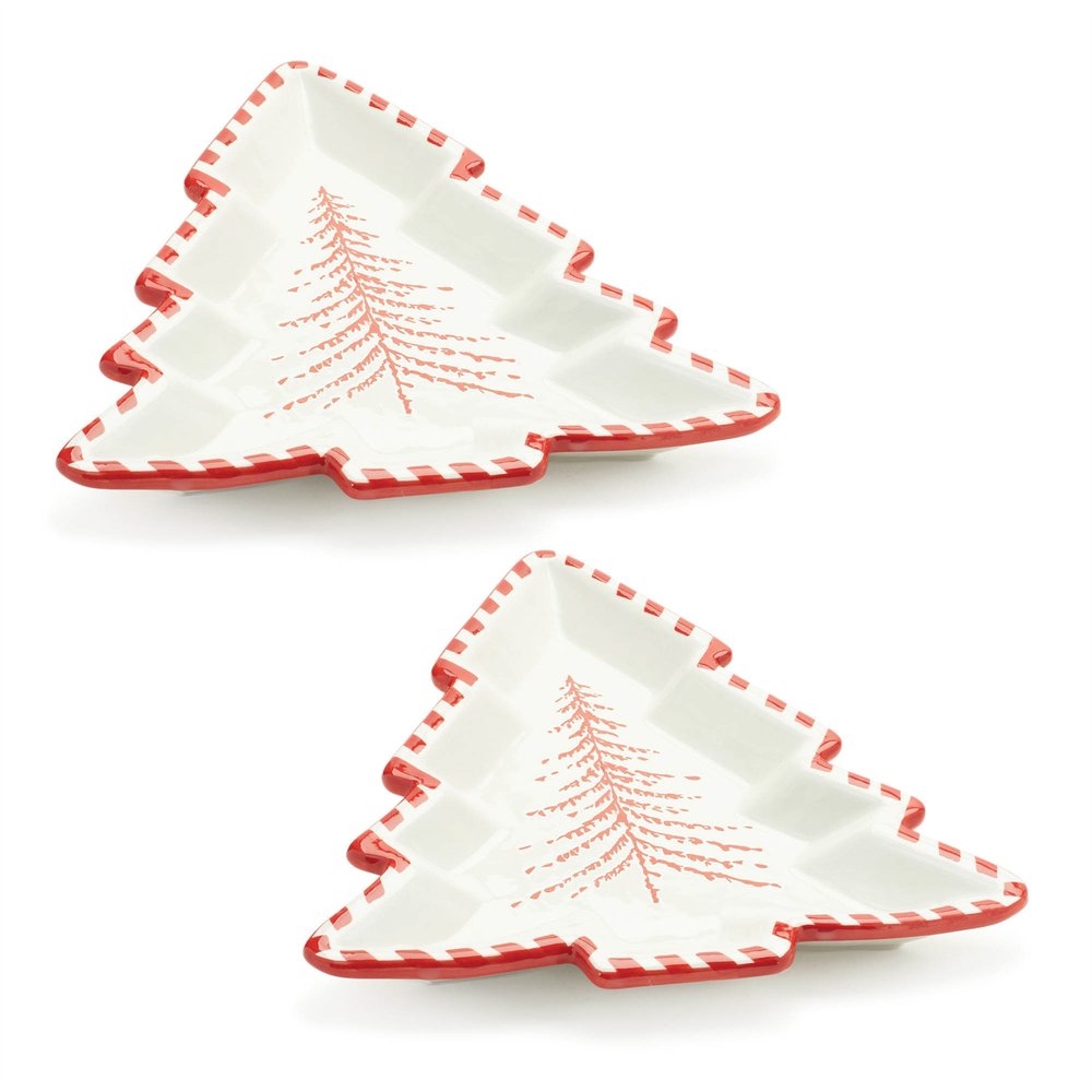 Set of Two Red And White Ceramic Tree Shaped Christmas Serving Trays