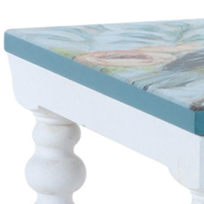 Set of Two Blue And White Solid and Manufactured Wood Floral Square Riser Tray