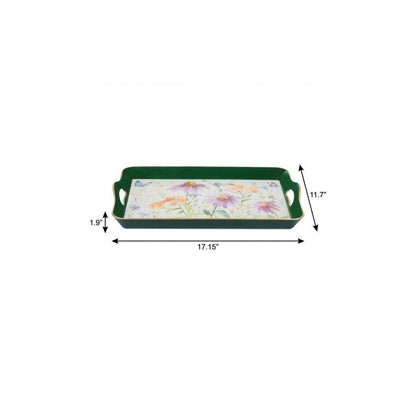 17" Green And White Watercolor Floral Serving Tray With Handles