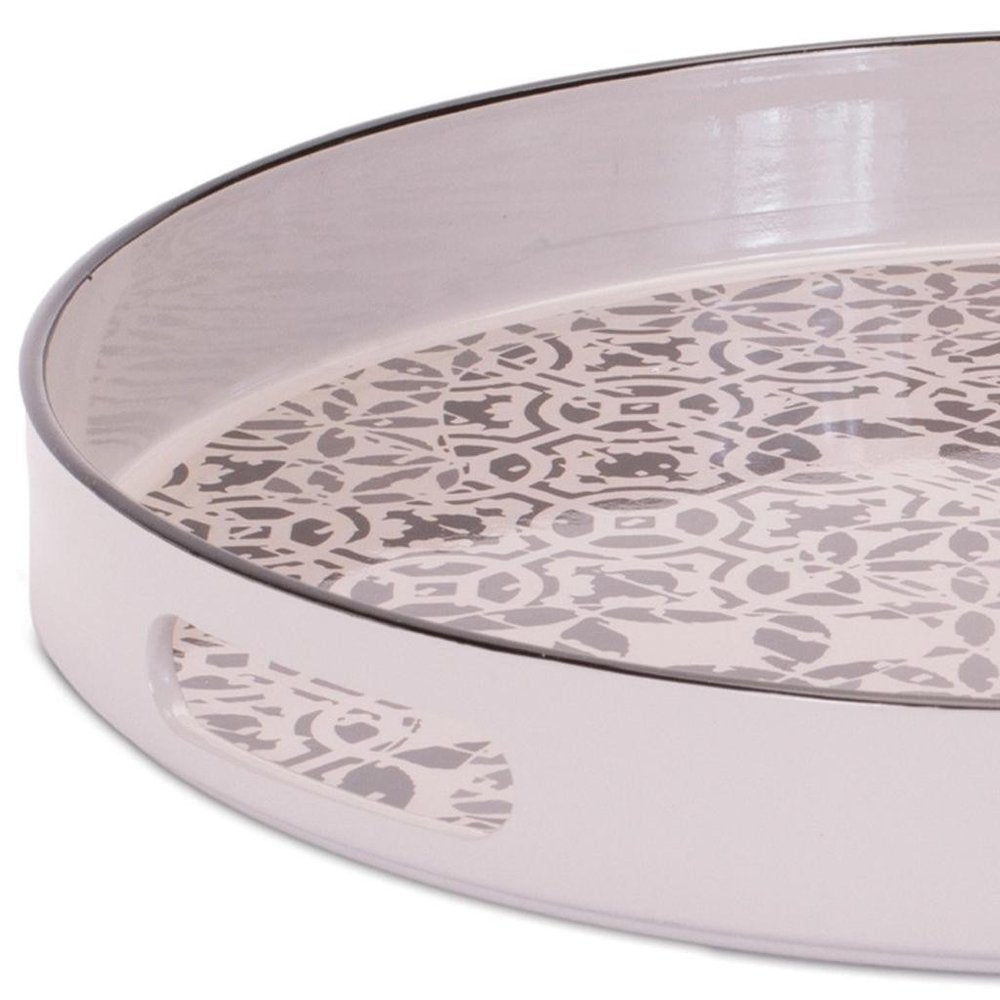 14" Cream And Gray Geometric Pad Print Round Serving Tray With Handles